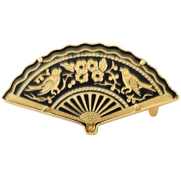 Damascene Fan Brooch Pin Bird Flower Pattern, J29 - Picture 2 of 5